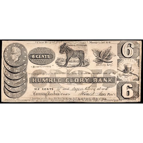 1837 Washington, DC. HUMBUG GLORY BANK 6 Cents Political / Satirical Mock Note 