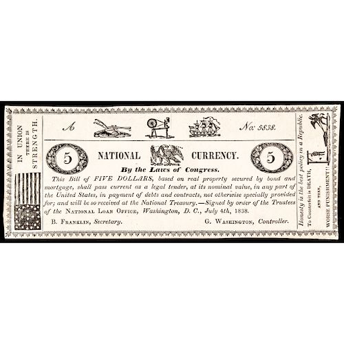 July 4, 1838 National Currency Note Illustration + B. FRANKLIN + G. WASHINGTON