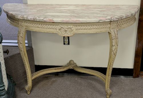 Pair of Louis XV style console tables with marble tops. ht. 30 1/2 in., wd. 47 in., dp. 15 3/4 in