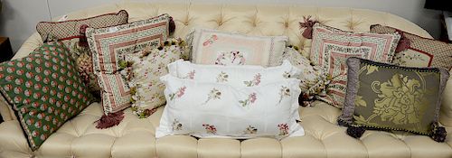Group of 11 pillows, several with Scalamandre upholstery.