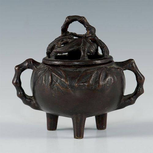19TH CENTURY MOLDED BRONZE INCENSE CAULDRON WITH TOP