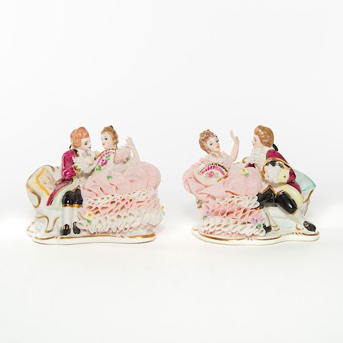 SET OF TWO IRISH DRESDEN COURTING COUPLE FIGURINES