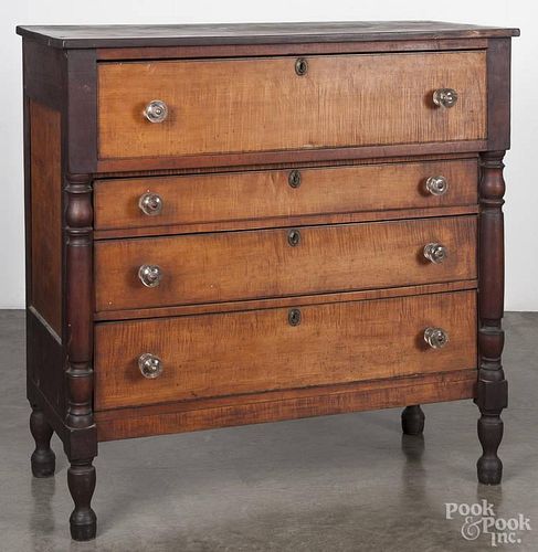 Pennsylvania tiger maple and cherry transitional chest of drawers, 19th c., 45'' h., 45'' w.