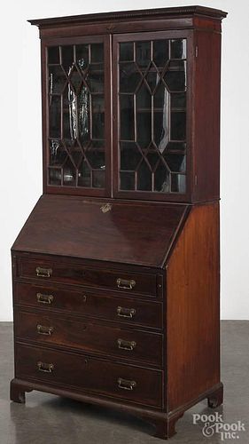 George III mahogany secretary desk, ca. 1790, the upper section with star and shell inlay, 76'' h.