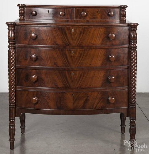 Sheraton mahogany chest of drawers, 19th c., with spiral columns, 44'' h., 36 1/2'' w.