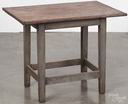 Painted pine tavern table with a stretcher base, 18th c.