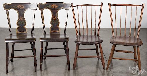 Pair of Pennsylvania painted plank seat chairs, 19th c., together with two rodback Windsor chairs.