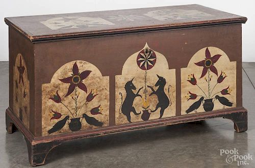 Pennsylvania painted poplar dower chest with later decoration of a unicorn, potted flowers, and bird