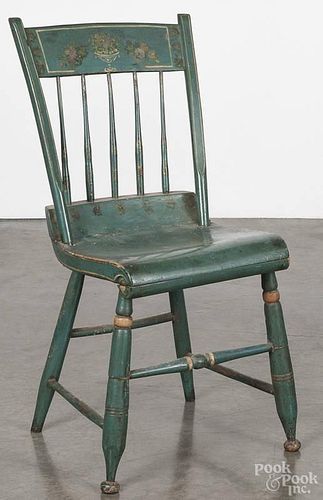 Painted plank seat side chair, mid 19th c., with a floral crest on a blue/green background.