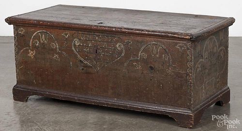 Pennsylvania painted pine dower chest, dated 1775, inscribed Magdalena Heler, 21'' h., 48'' w.