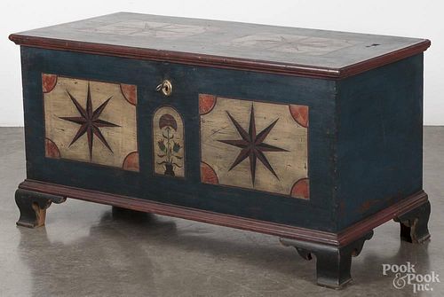 Pennsylvania painted pine dower chest, late 18th c., retaining a later decorated surface, 25 1/2'' h.