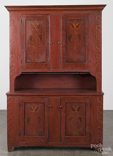 Painted pine stepback cupboard, early 19th c., retaining a later decorated surface, 74 1/2'' h.