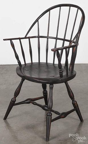 New England sackback Windsor armchair, ca. 1790, retaining a later red and black surface.
