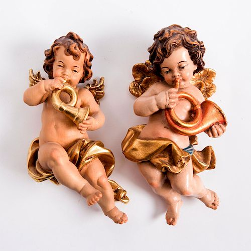 PAIR OF POLYCHROME CHERUB ANGELS WITH HORNS