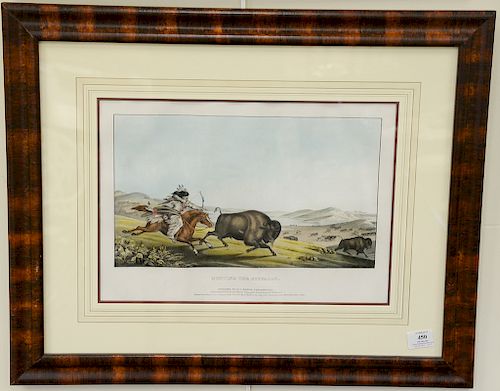 E.C. Biddle, hand colored lithograph, Hunting the Buffalo, drawn, printed and coloured at J.T Bowen's published by E.C. Biddle Phila...