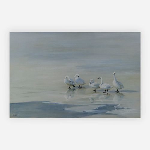 George Edward Lodge - Swans on frozen pond