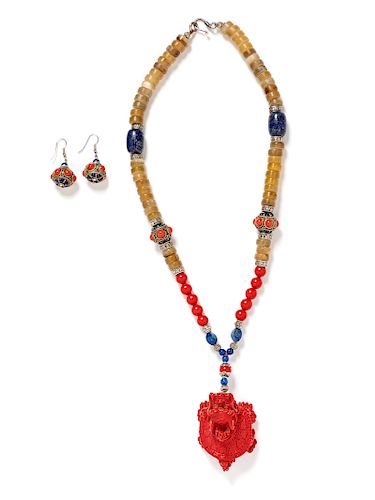 A Lapis and red Dragon Necklace and Earrings, 20th Century 