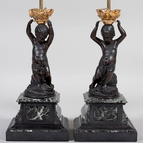Pair of Continental Ormolu-Mounted Bronze Putti Mounted as Lamps