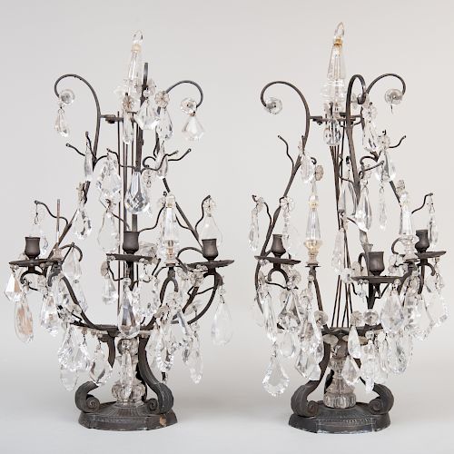 Pair of Louis XVI Silvered-Metal and Cut-Glass Three-Light Girandole
