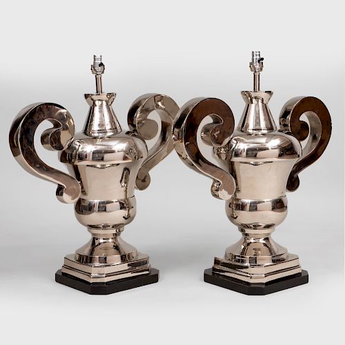 Pair of Large Chrome Urn Form Lamps, Modern