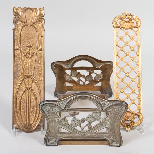 Art Nouveau Brass Bookrest and Two Gilt-Bronze Push Plates