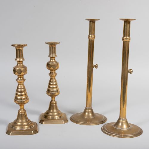 Pair of English Brass Candlesticks and a Pair of Continental Brass Telescoping Candlesticks
