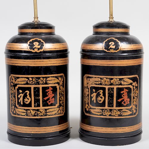 Pair of Black Painted Tea Canister and Covers Mounted as Lamps