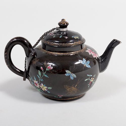 Staffordshire Pottery Black Ground Teapot and Cover
