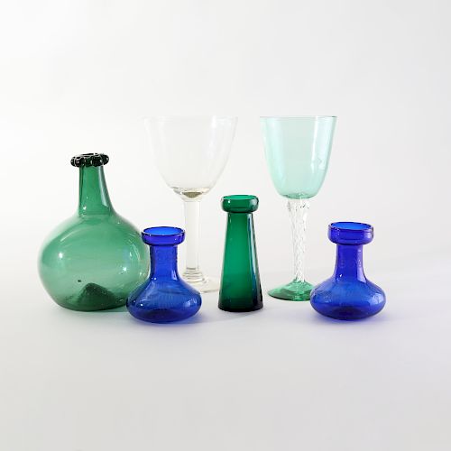 Group of Six Colored and Colorless Glass Table Articles