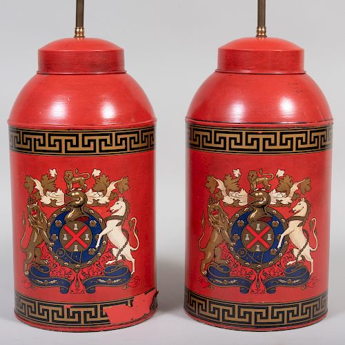 Pair of Red Painted Tea Canisters Mounted as Lamps