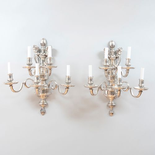 Pair of Silver Plated Five-Light Wall Sconces with Cherub Form Terminals