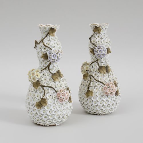 Pair of Meissen Porcelain Schneeballen Pear Form Vases
