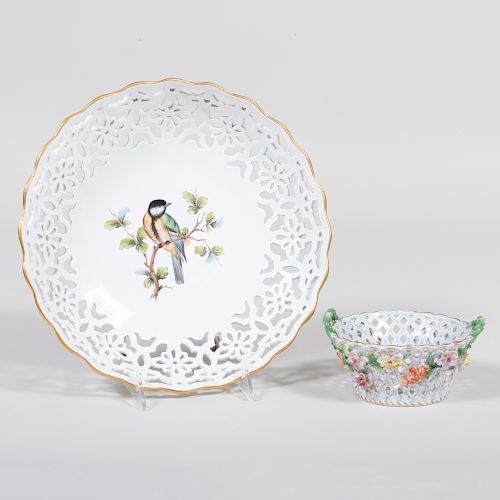 Meissen Porcelain Reticulated Bird Dish and a Dresden Basket