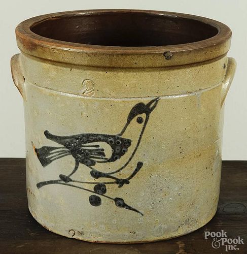 Two-gallon stoneware crock, 19th c., with cobalt bird decoration, 9'' h.