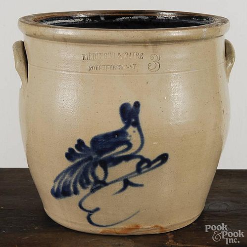 Three-gallon stoneware crock, 19th c., with cobalt bird decoration, impressed Riedinger & Caire