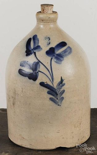 Two-gallon stoneware jug, 19th c., with one handle and cobalt flower decoration, 14'' h.