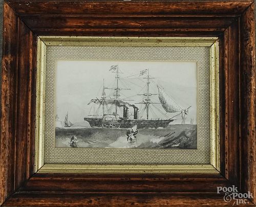 Miniature English watercolor and gouache portrait of a side-wheeler, 19th c., 2 3/4'' x 4 1/4''.