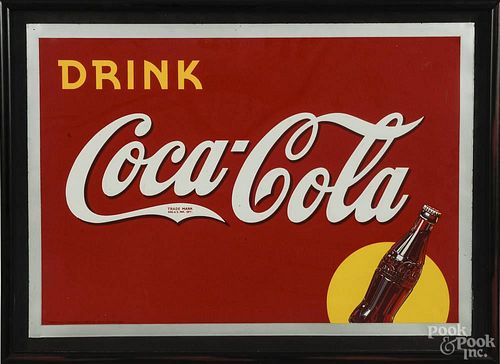 Framed embossed tin Coca-Cola sign, copyright 1938, 19'' x 27''.