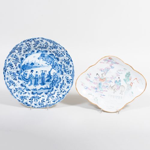 Chinese Porcelain Famille Rose Shaped Dish and a Chinese Porcelain Blue and White Lobed Dish