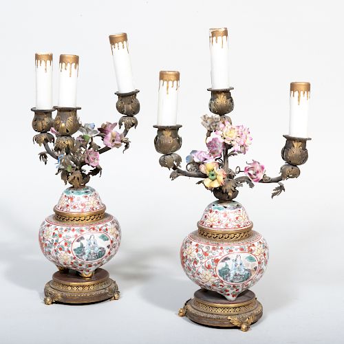 Pair of Gilt-Metal-Mounted Chinese Porcelain Censer Mounted as Three-Light Lamps with Continental Porcelain Flowers