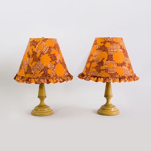 Pair of Yellow Ground Tôle Peinte Lamps with Fabric Shades