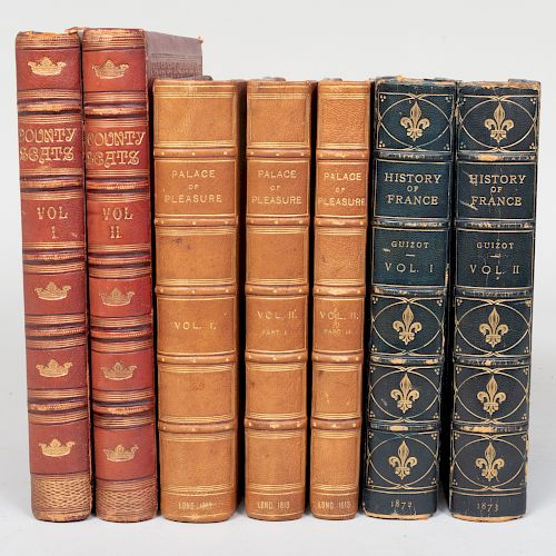 Large Group of Books Including, The Palace of Pleasure, The History of France, Monstrelet Chronicles, and County Seats of Noble Gentlemen of Great Bri
