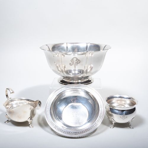 Three American Silver Serving Pieces and an Edward VII Sugar Bowl