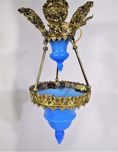 Antique French Blue Opaline Glass Hall Lantern