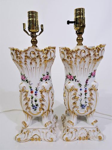 Antique Pair, Old Paris Hand Painted Vases/Lamps