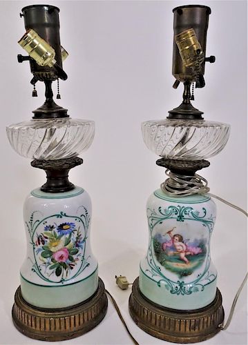 Antique Hand Painted Bristol Glass Kerosene Lamps