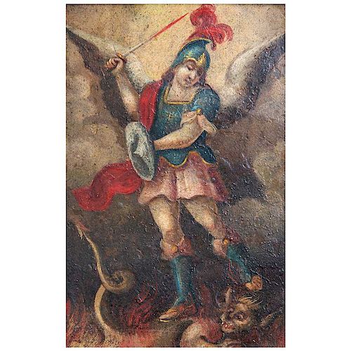 Anónimo. San Jorge. México, siglo XX. Óleo sobre lámina de cobre. Marco de madera tallada con motivos lobulados. 29 x 24 cm