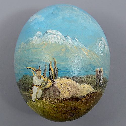 Carlos Pelestor. (México, siglo XX) Popocatépetl e Iztaccíhuatl Firmado en la parte inferior. Óleo sobre huevo de avestruz.