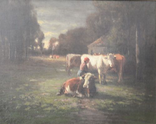 George Arthur Hays (1854-1945), oil on canvas, Farm landscape milk my cows, signed lower left G.A. Hays, 16" x 20"