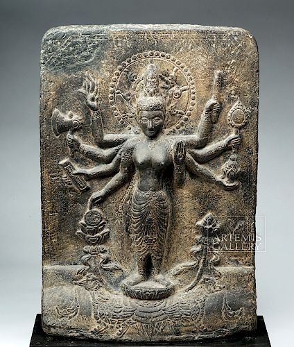 12th C. Indian Black Stone Stele - Parvati w/ Peahen